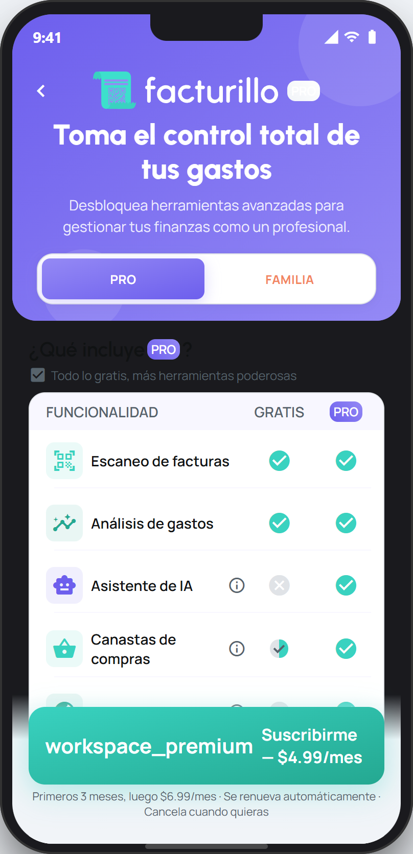 Pantalla de planes con la pestaña Pro seleccionada