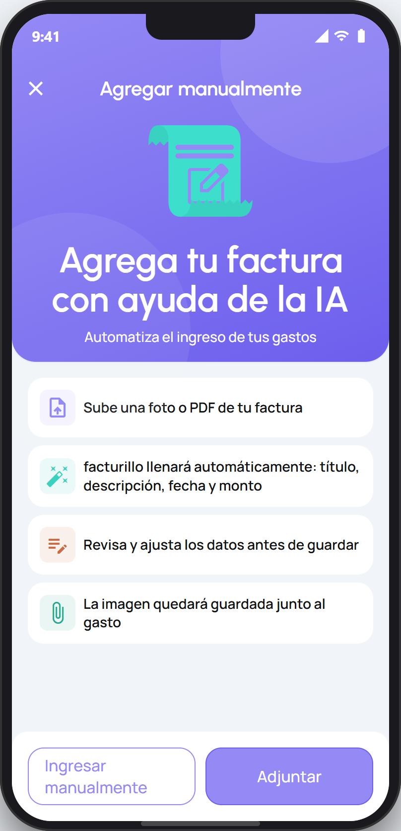 Pantalla Agregar manualmente con la opción de adjuntar