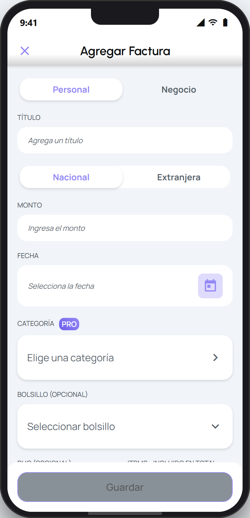 Formulario para revisar y completar los datos de la factura