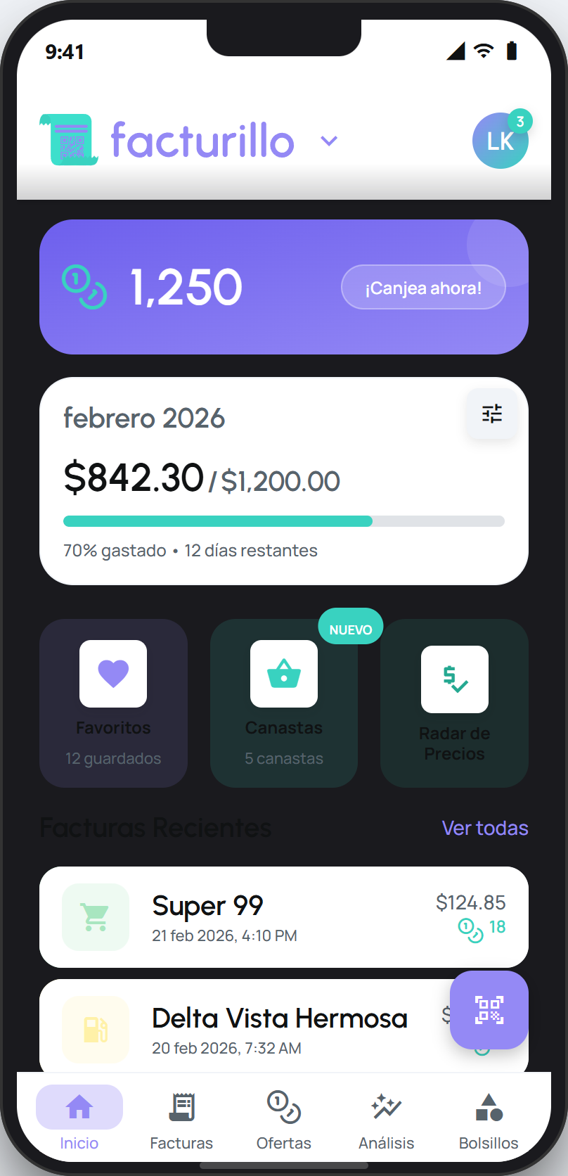 Pantalla de inicio con el logo de facturillo arriba