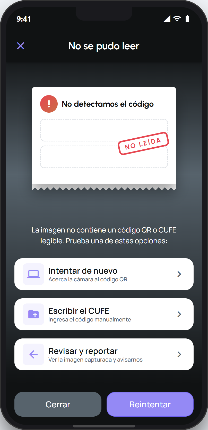 Pantalla No se pudo leer con las opciones de reintentar y escribir el CUFE
