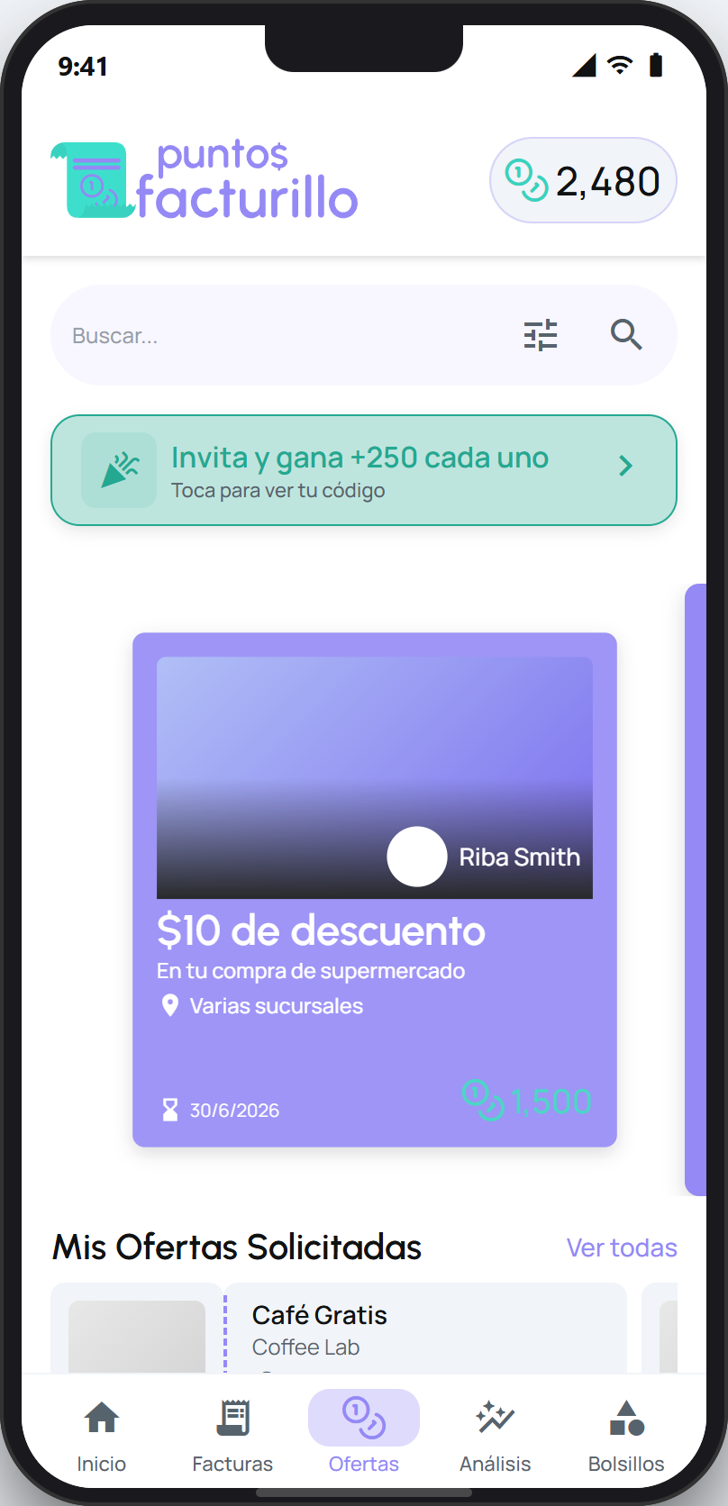 Rewards catalog in the Puntos tab