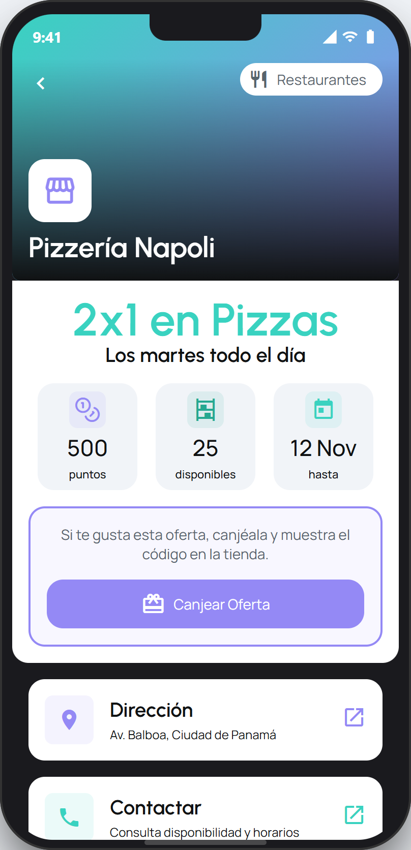 Reward detail with the Canjear Oferta button
