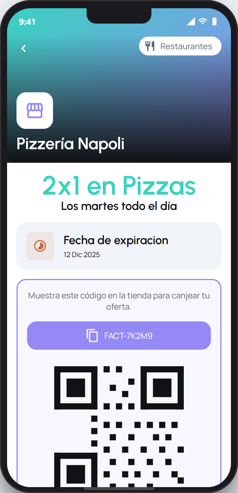 Redeemed coupon with its code for the business