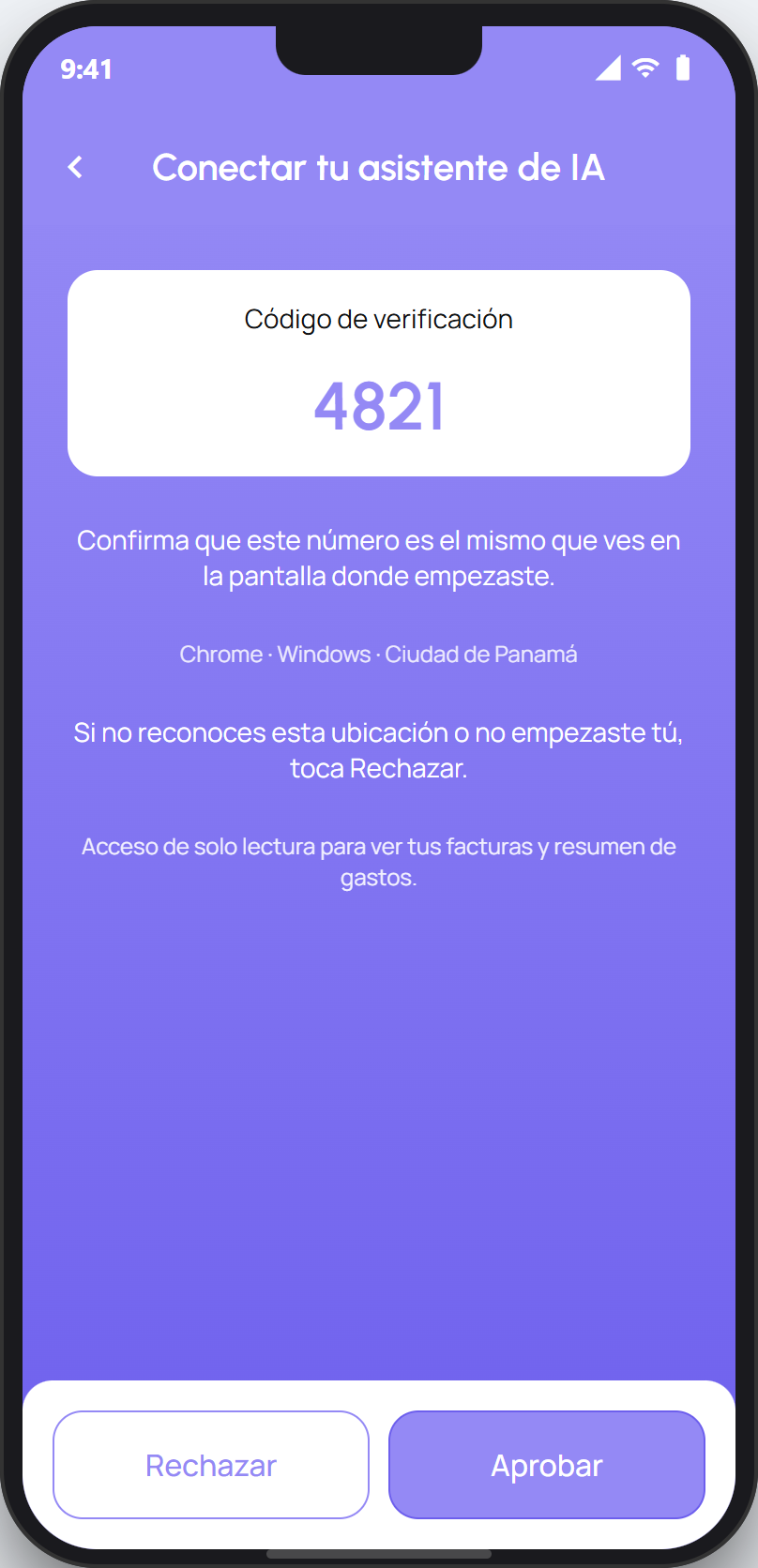 Pantalla de la app con el código de verificación y el botón Aprobar