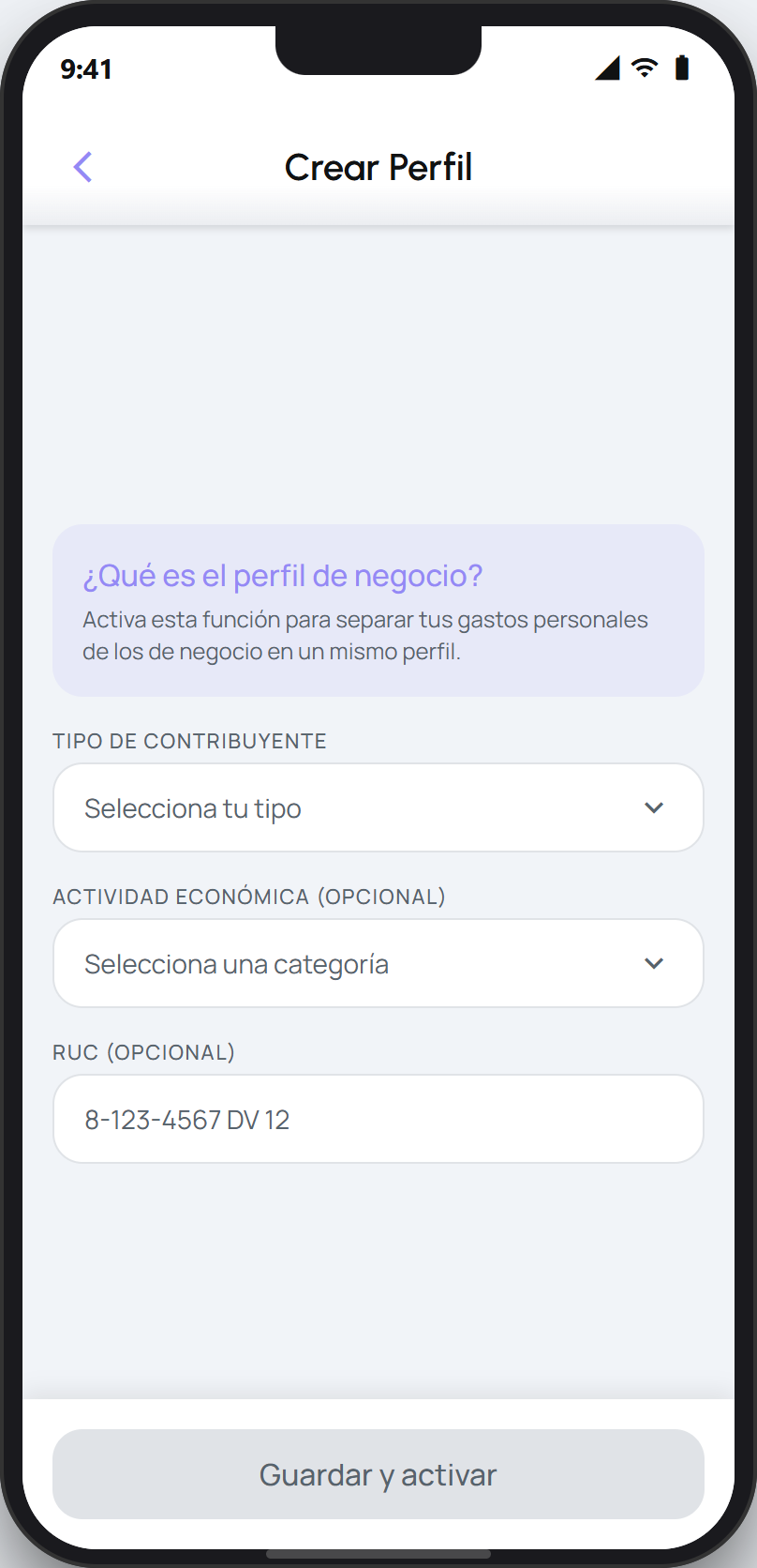Formulario para crear el perfil de negocio
