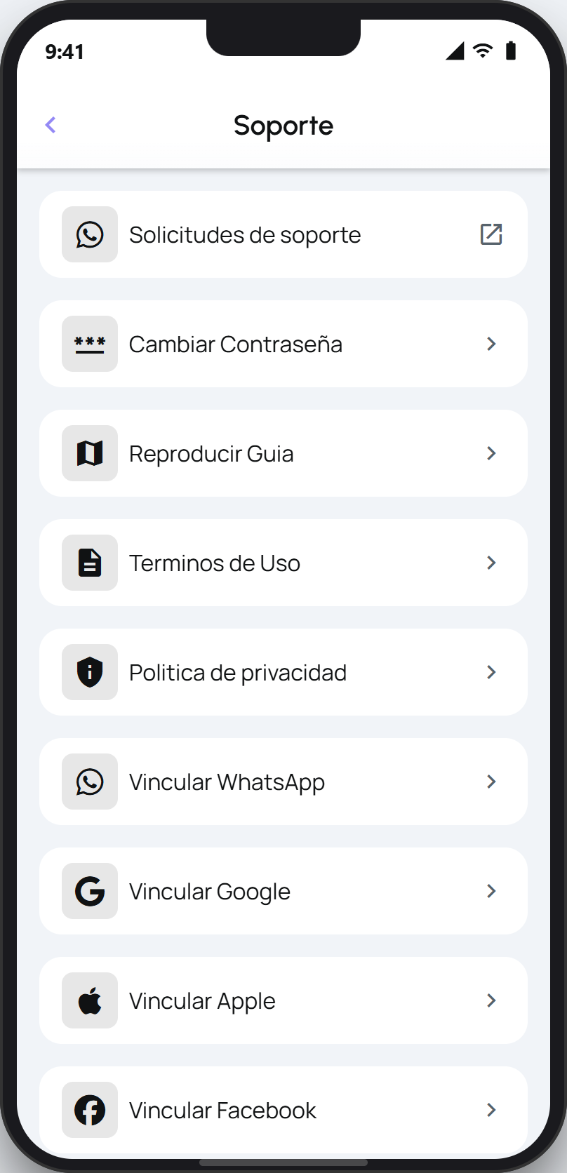 Pantalla de Soporte con la opción Eliminar mi cuenta