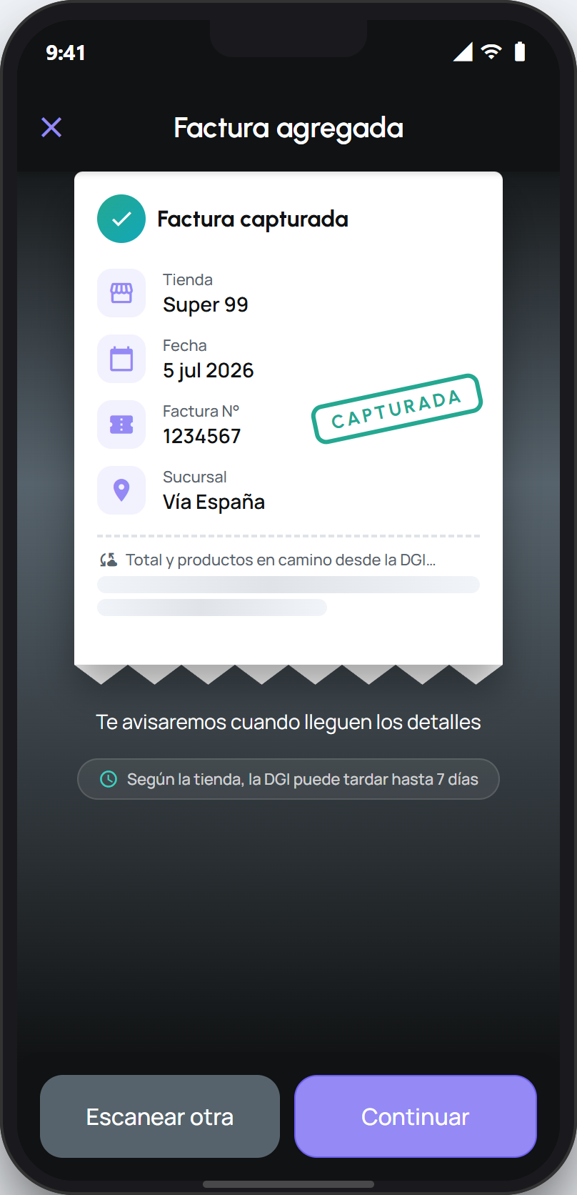 Receipt added screen
