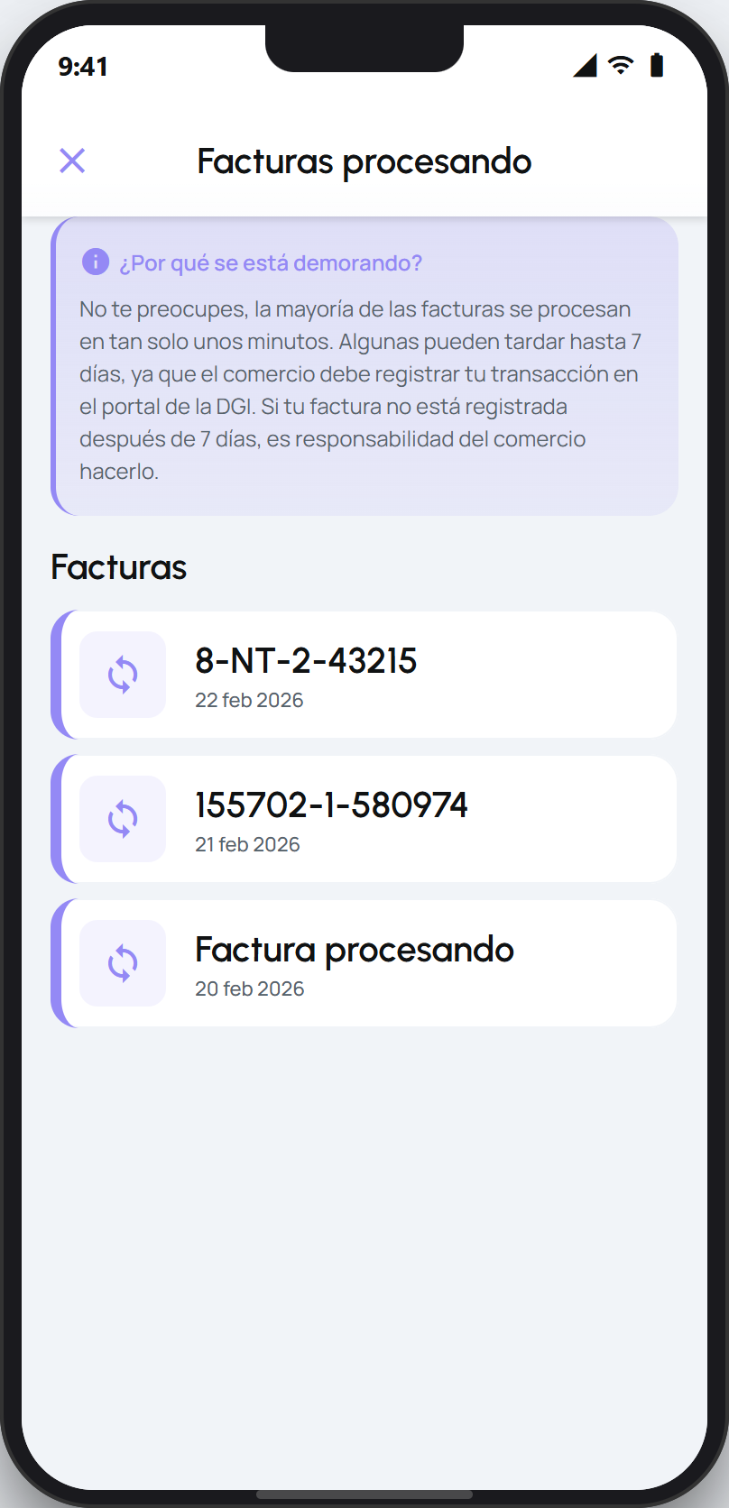 Lista de facturas en proceso