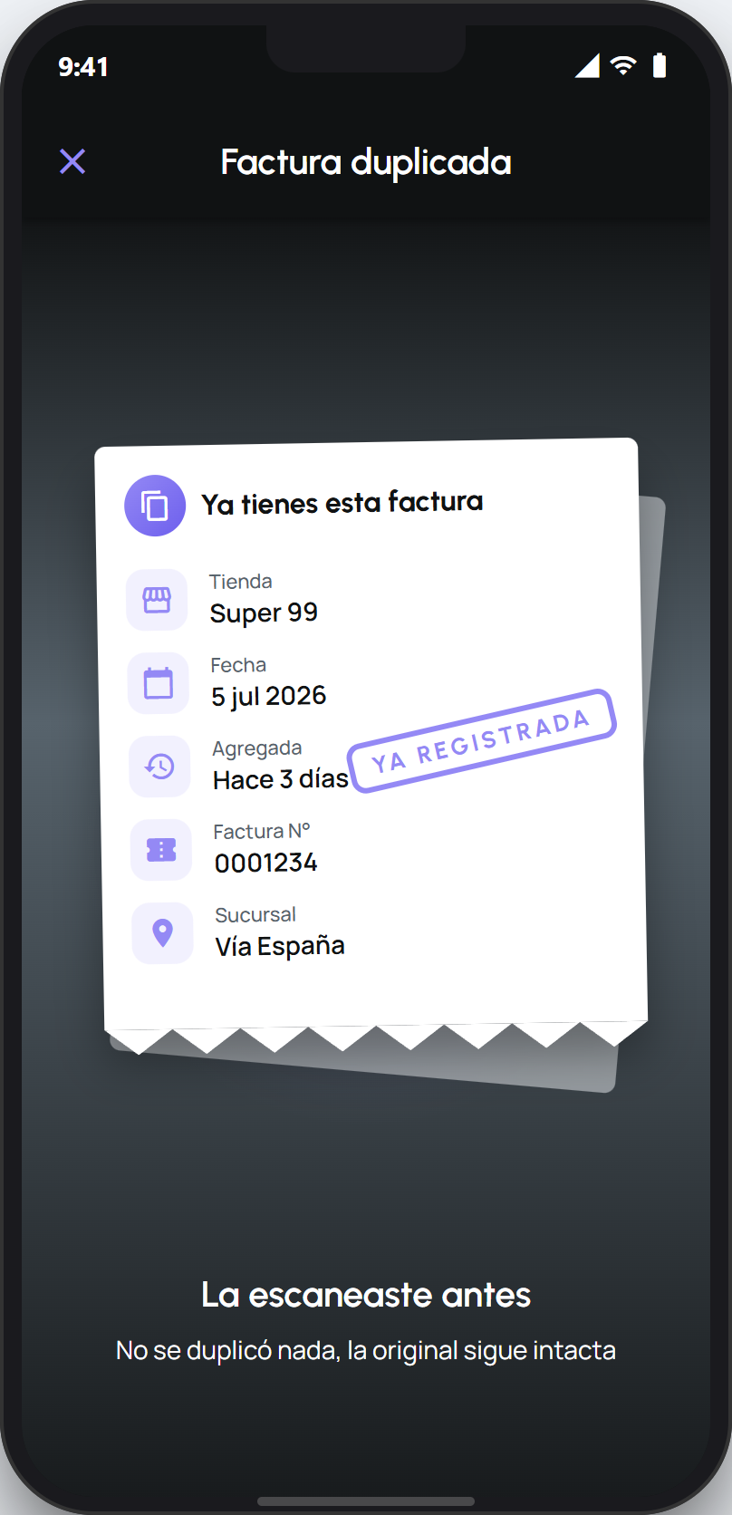 Pantalla de factura ya registrada con las opciones Ver factura y Cerrar