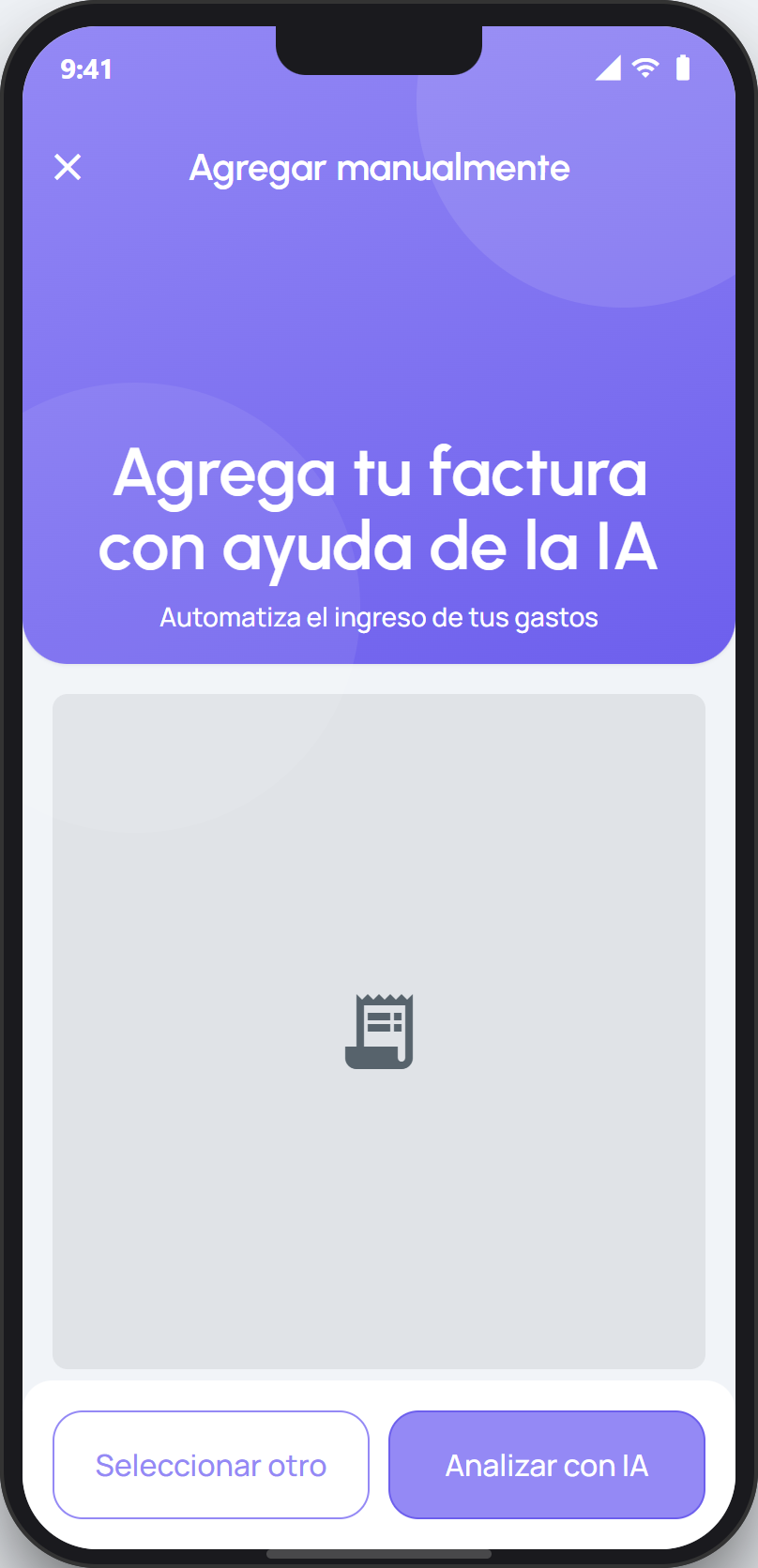Pantalla Agregar manualmente con una foto lista para analizar con IA