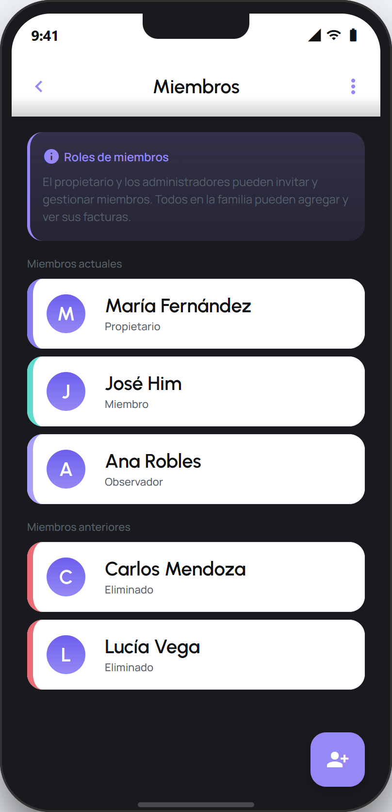 Pantalla Miembros de una cuenta compartida