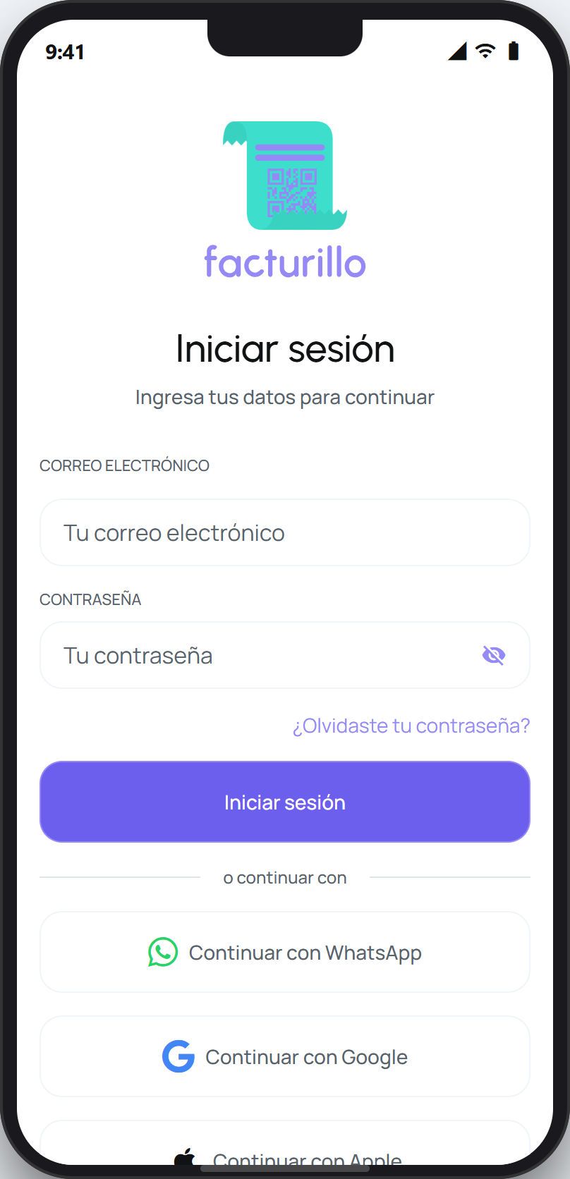 Pantalla de inicio de sesión con los métodos disponibles