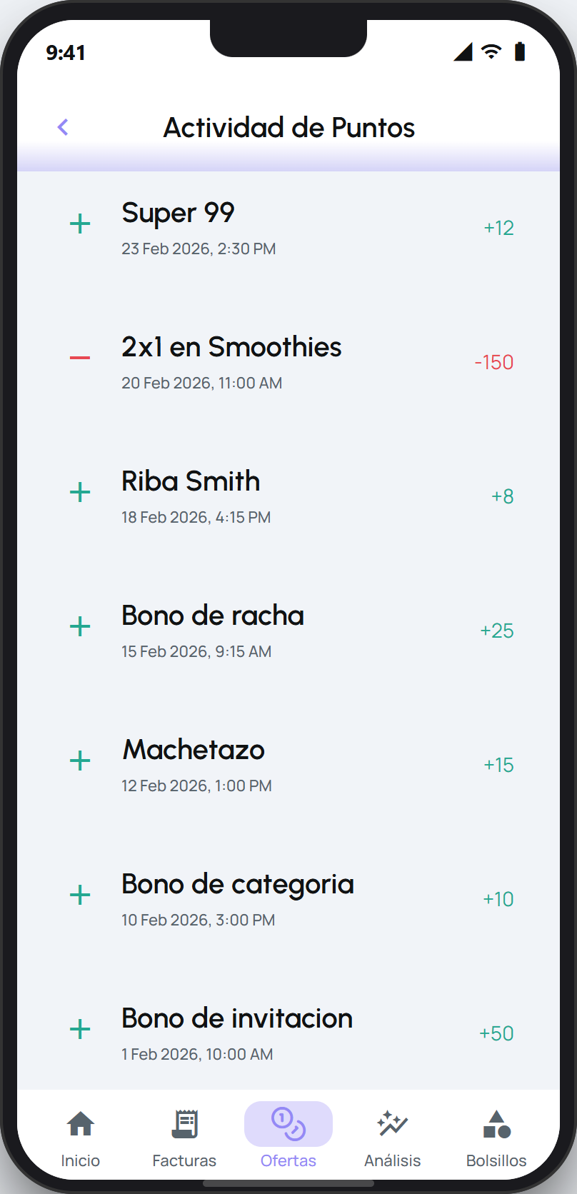 Pantalla Actividad de Puntos con el historial de puntos ganados