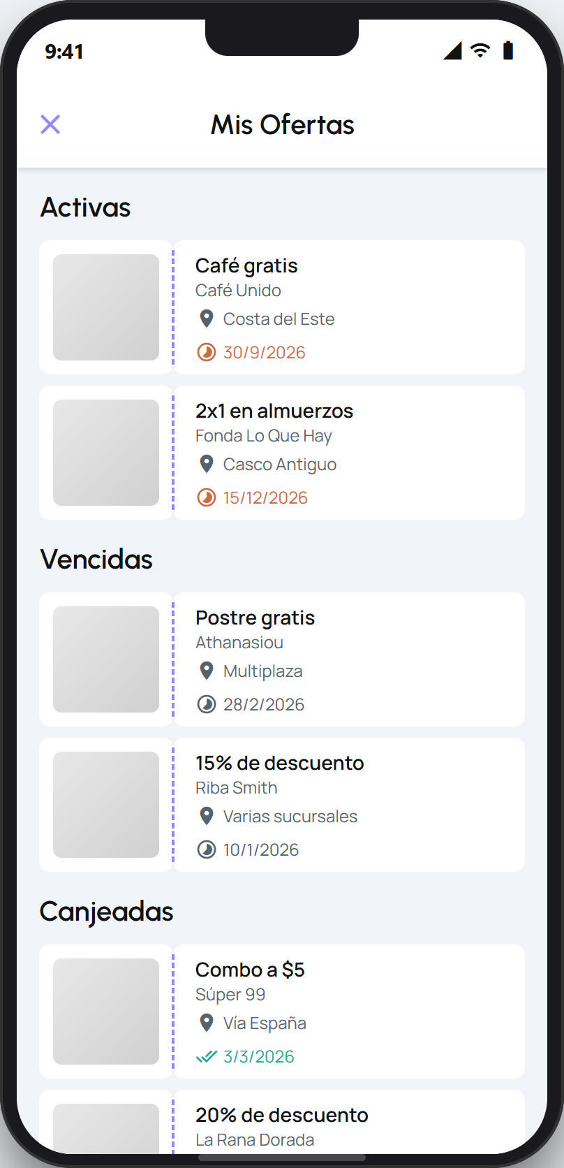 Ofertas del usuario agrupadas en Activas, Vencidas y Canjeadas