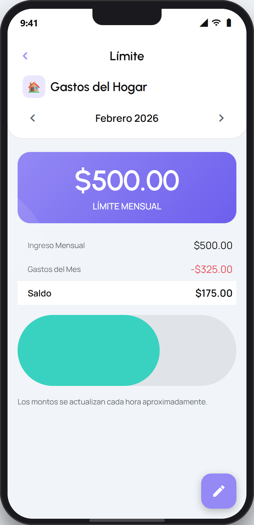 Pantalla de presupuesto del Bolsillo con barra de avance