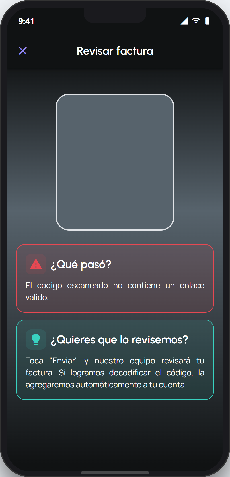 Pantalla que avisa que el código no se pudo leer