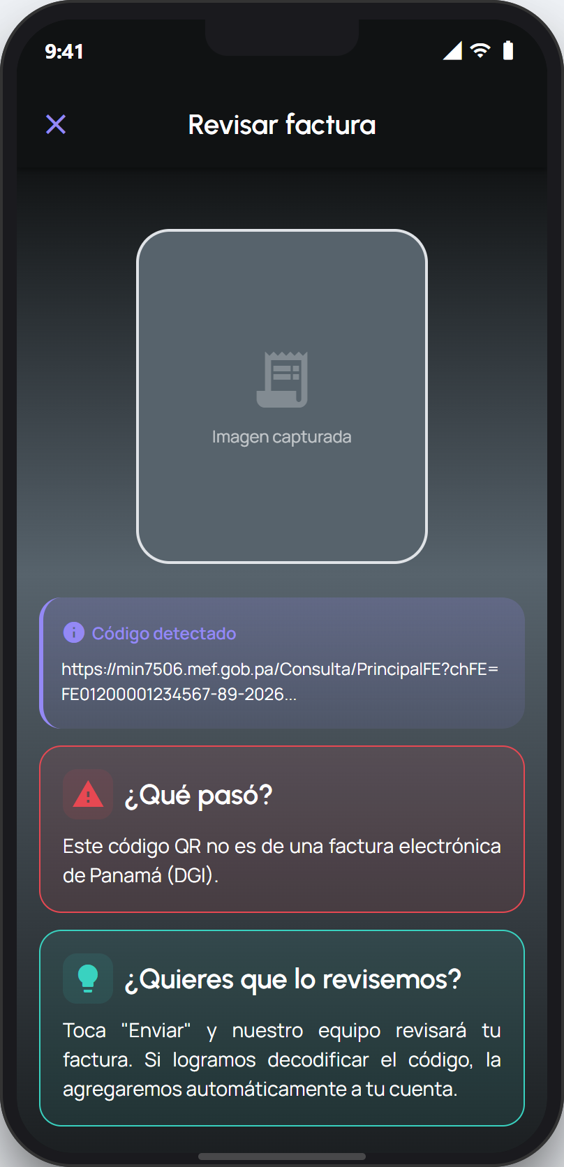 Pantalla que avisa que el código no es una factura electrónica