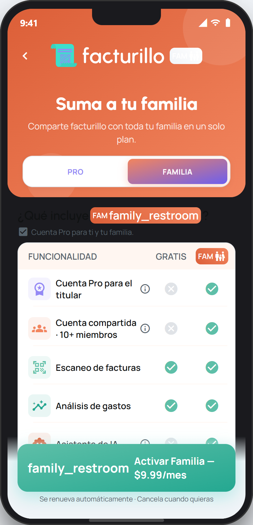 Pantalla de planes con la opción para restaurar la compra
